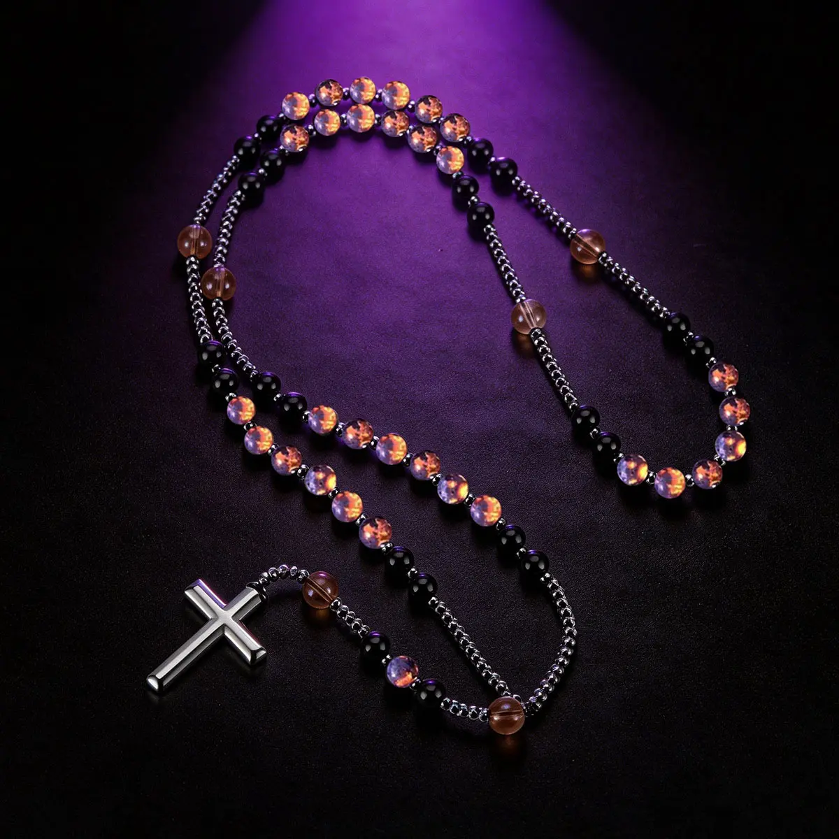 Yooperlite Stone Rosary Necklace UV Glowing (Flashing Flame Under UV) Natural Hematite Rosary Beads Catholic Obsidian Cross Pendant Necklace Healing Crystal Jewelry Gift for Men Women