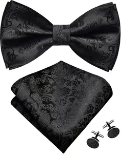 Mens Paisley Bow Tie Handkerchief Jacquard Woven Adjustable Pre-Tied Bowties Pocket Square Cufflinks Set