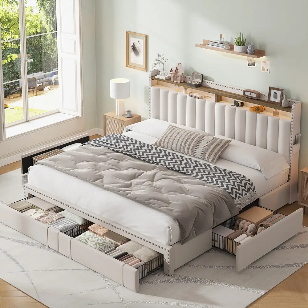 Raybee Furniture Bed frame, MATTRESS NOT INCLUDED,- Bed Frame with 2/3/4 Drawers & Storage, Upholstered Full Bed Frame with Headboard,, No Box Spring