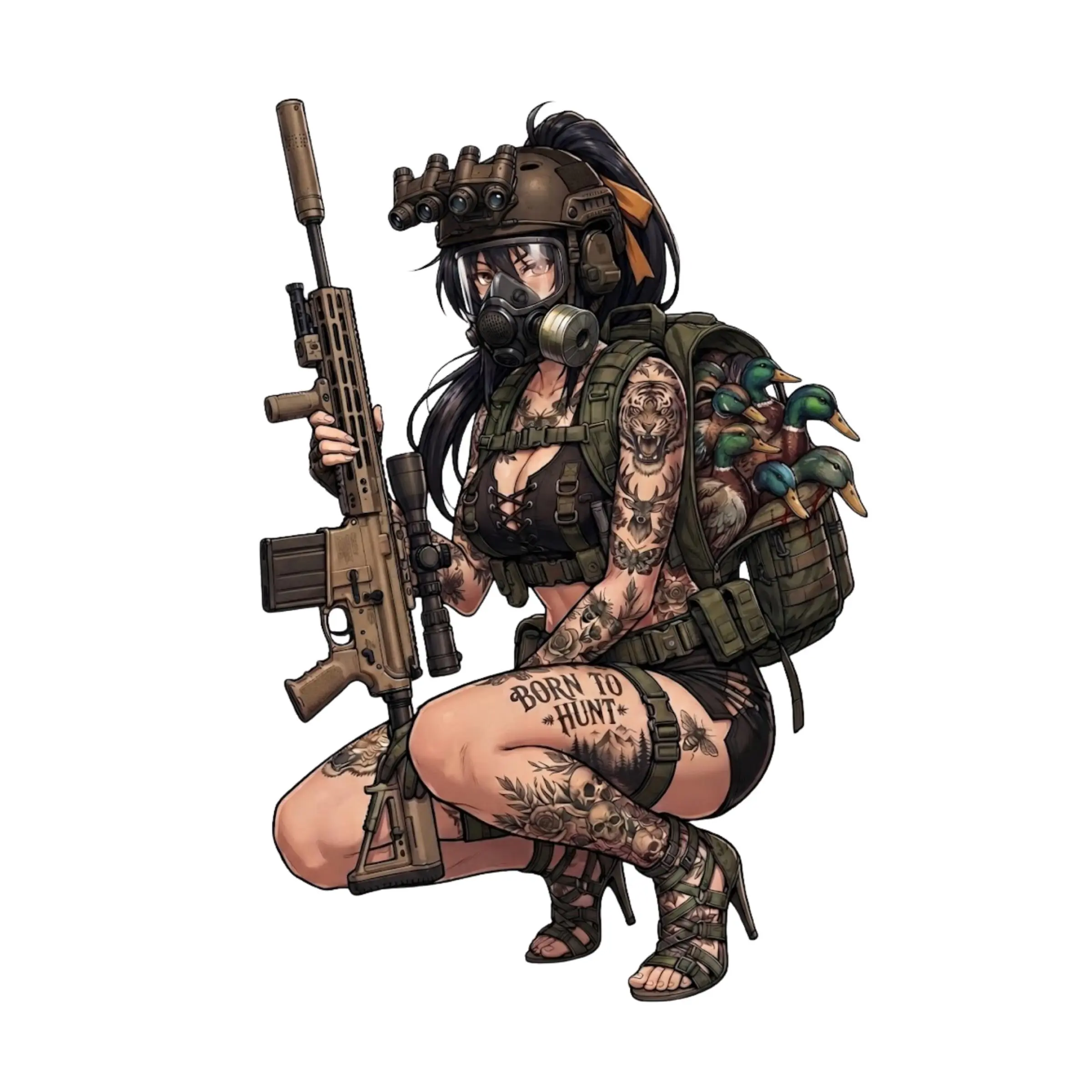 Tactical Duck Hunting Akeno Sticker, Anime Huntress With Rifle and Duck Backpack, Waterproof Vinyl Decal for Truck Cooler Hunter Gift