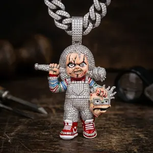 Savage Killer Doll Drip🩸 Massive Iced Out Horror Mascot Pendant| Spiked Bat Creepy Toy Chain| Y2K Trap Goth Hip Hop Jewelry for Rappers