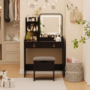 Modern Black Vanity Table Set with LED Lighted Makeup Mirror, Built-in Charging Station, 2 Drawers & 4 Open Storage Shelves, Dressing Table with Padded Stool, Elegant Bedroom Vanity Desk for Women & Girls