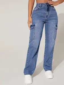 Women's Petite High Waist Cargo Denim Jeans, Womenswear, for Lady, Multi-Pocket Wide Leg Straight Pants, Comfortable Fit, Fashion Design, All Seasons Wear, Fitted, Trouser