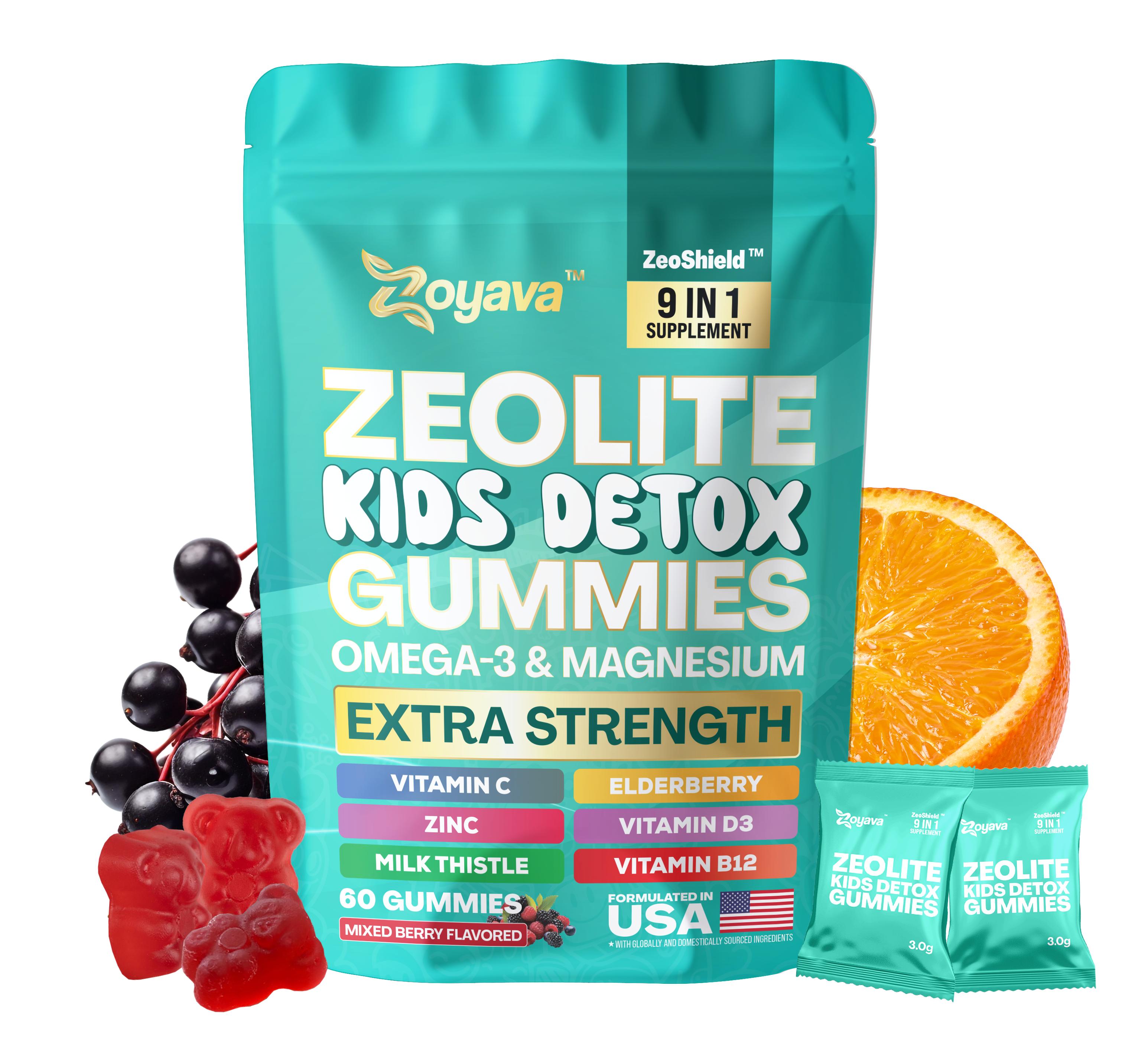 Zeolite Kids Detox Gummies (Mixed Berry Flavor) - Zoyava 9-in-1 Kid Supplement for Brain, Immune, Vitamin, and Overall H