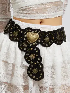 Women's Boho PU Wide Waist Belt & Vintage Copper Color Pants Chain Set, Heart Patchwork Design, Studded Belt Buckle, Perfect for All Seasons