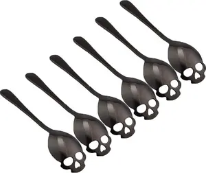 Stainless Steel Skull Sugar Spoon Dessert Tea Coffee Stirring Spoon Set of 6 (Black)
