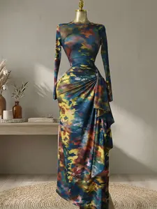 QFAF Abstract Print Bodycon Maxi Dress Women Long Sleeve Ruched Slim Fit Asymmetrical Ruffle Hem Party Dress, Formal Wear, Evening Gown High Waist Stretch Outfit Wedding Guest Birthday Dinner Date Night Vacation Holiday