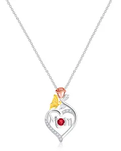 Mothers Day Gifts -Mom Birthstone Silver Necklace for Women: 925 Sterling Silver Garnet Rose Love Heart Mama Pendant Necklaces January Birthday Dainty Jewelry Mothers Day Gifts for Mom Wife Her from Daughter Son