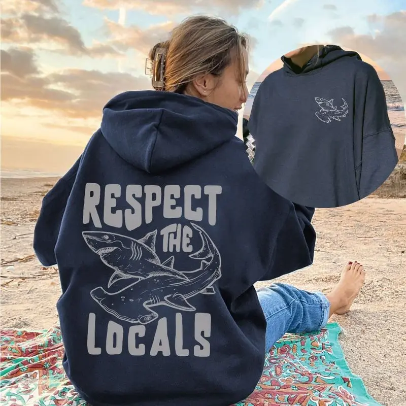 Respect The Locals Sweatshirt, Great White Shark Sweatshirt, Save The Local Sharks Hoodie, Shark Lover Hoodie, Ocean Conservation Hoodie Womenswear Tops Comfort Pullover Baggy Blue