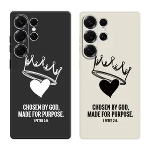 Crown Love and Chosen by God, Made for Purpose Text Pattern Phone Cases For Samsung Galaxy S26 Ultra S25 Edge S24 Plus S23 FE S22 S21 Shockproof TPU Soft Liquid Silicone Cellphone Casing Cover With Lanyard Button