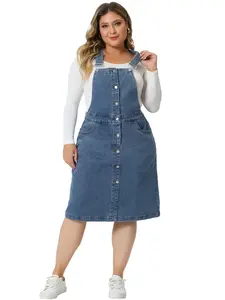 Agnes Orinda Plus Size Denim Overall Button Front Adjustable Strap Suspender Skirt