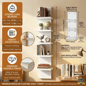 5 Tier Vertical Floating Wall Shelf | Reversible Narrow Wall Mounted Storage Organizer Display Rack | Waterproof Wood Grain Sturdy Heavy Duty | Easy Install Space Saving | Bathroom Gaming Bedroom Office Funko Pop Books Plants Decor