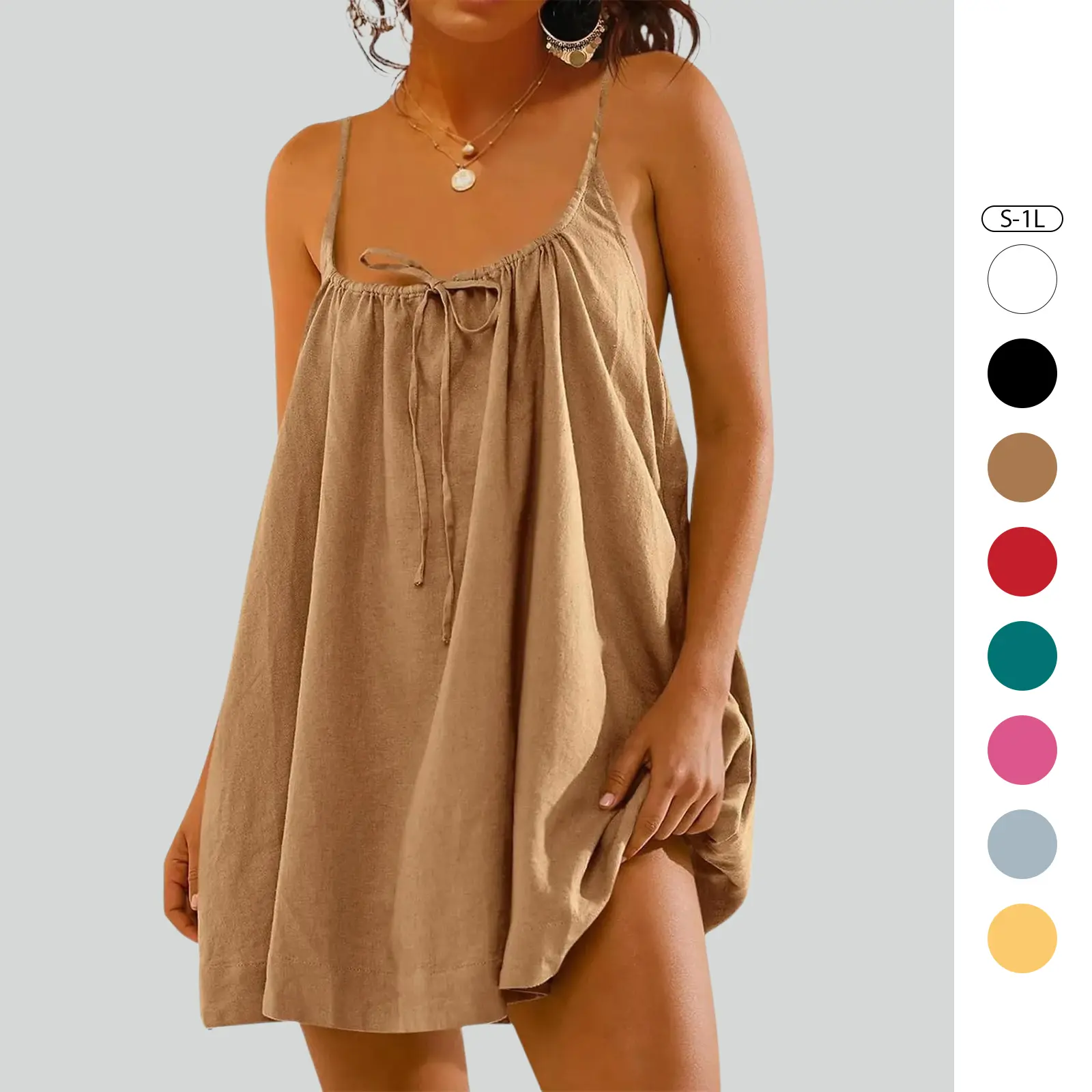 Imily Bela Womens Spaghetti Strap Swimsuit Coverup Summer Linen Tie Backless Sleeveless Beach Cami Mini Dress with Pockets