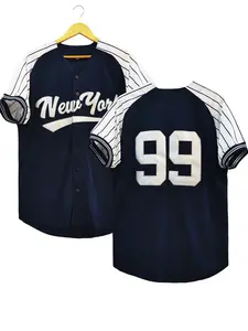 Men's #99 Navy Blue New York Letter Embroidered Baseball Jersey, Loose Fit V-Neck Short Sleeve Button Down Sports Casual Athleisure Top Suitable For Street Hip-Hop Style, Baseball, Golf Training, Football Jersey