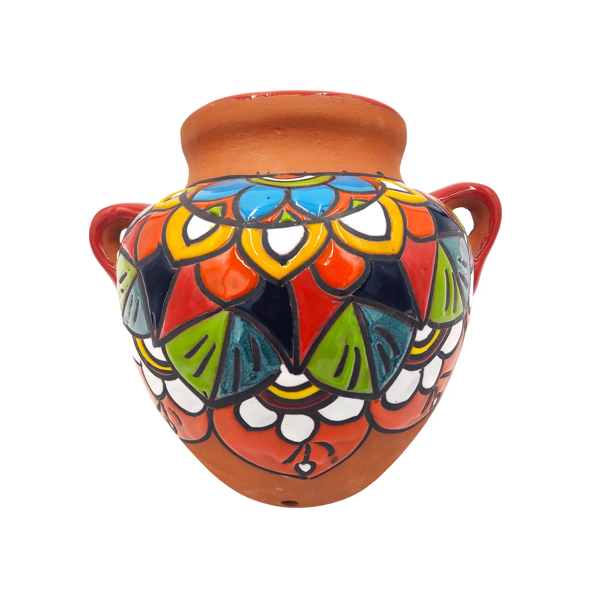 Mexican Talavera Terracotta Cubanito Wall Planter Pot, Hand Painted Traditional Maceta de Pared for Home & Garden Décor - Red Trim