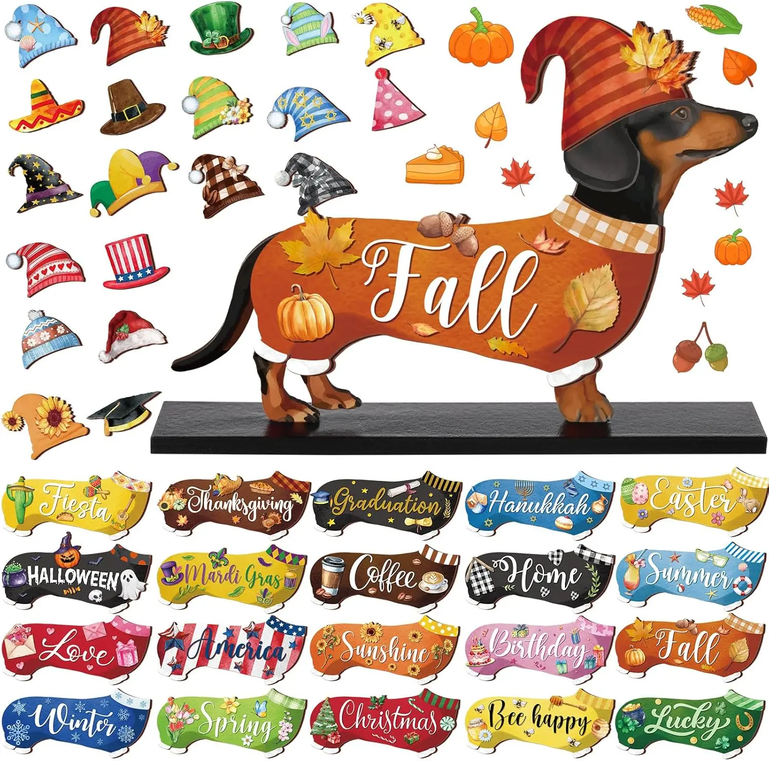 42 count Interchangeable Halloween Dachshund Decor Holiday Seasonal Sign Fall Wiener  Tiered Tray Decoration Farmhouse   Office Desk Accessory Welcome Ornament Pet Lover Xmas
