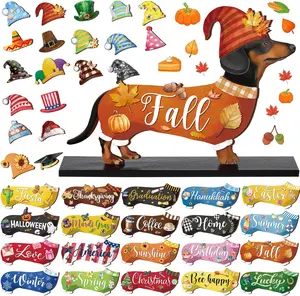 42 count Interchangeable Halloween Dachshund Decor Holiday Seasonal Sign Fall Wiener  Tiered Tray Decoration Farmhouse   Office Desk Accessory Welcome Ornament Pet Lover Xmas
