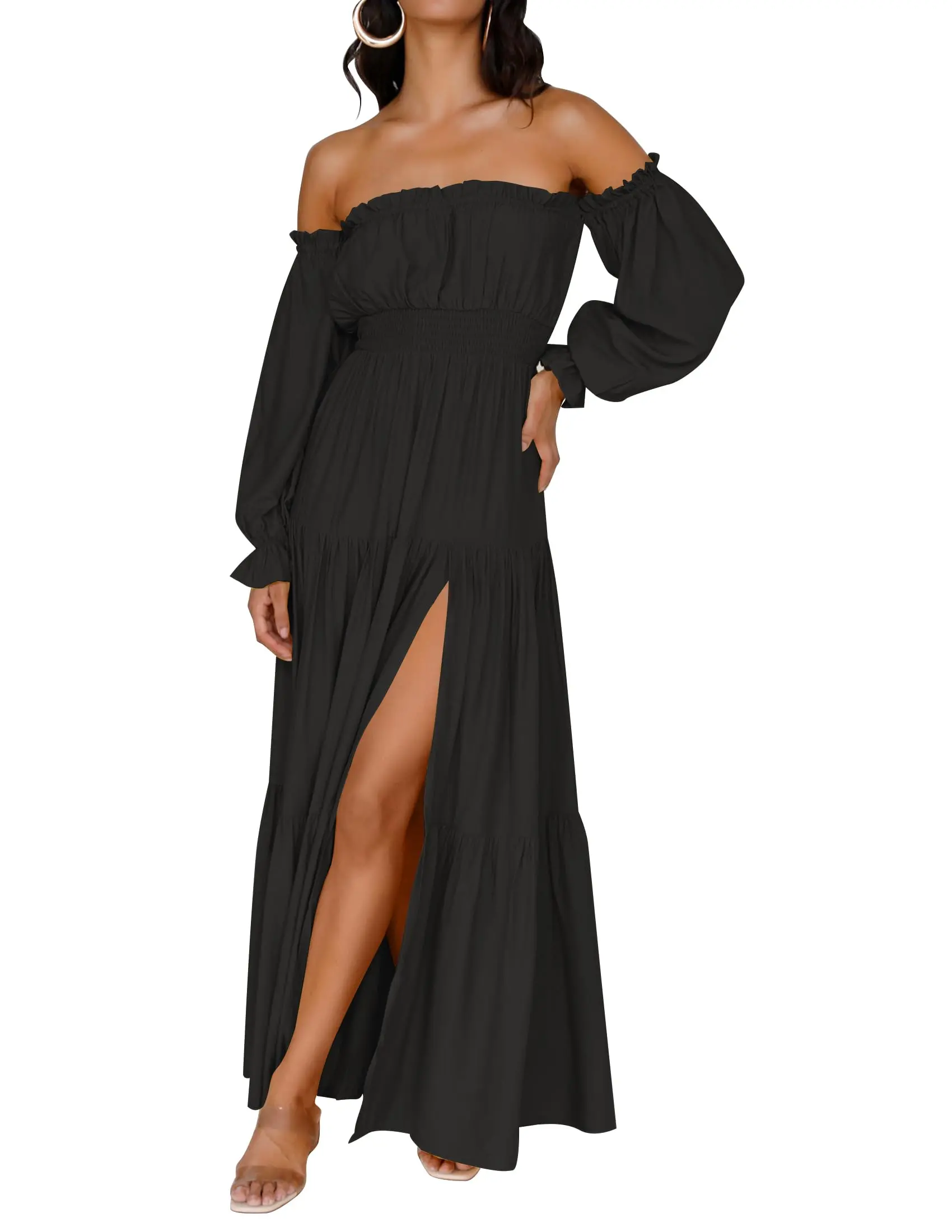 ZESICA Women's Boho Off Shoulder Wedding Guest Dress 2026 Spring Summer Side Split Flowy A Line Long Maxi Dresses