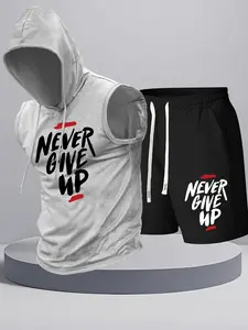 Men's Summer Casual Set, Letter Print Hooded Sleeveless Vest & Drawstring Waist Shorts, Sporty Fitted Design, Breathable Fabric Activewear Clothing, Athleisure Breathable Clothes, Shorts Set Tracksuits, Sports Outfits, Sportswear Indoor Outdoor