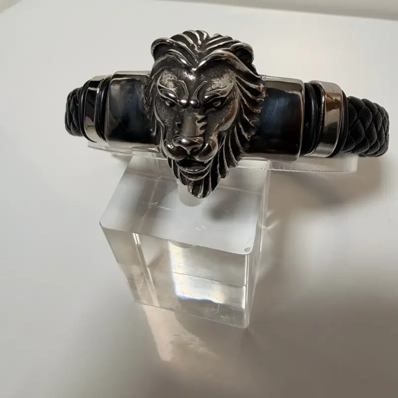 Men’s Braided Leather Lion Head Bracelet – Stainless Steel with Push-Clamp Closure