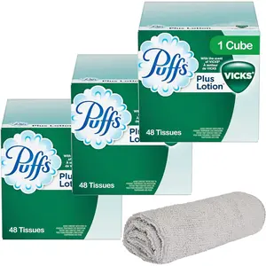 Puffs Vicks Plus Lotion Facial Tissues 3 Cubes (48 Tissues per Box), Soft Lotion Tissue