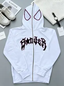 Y2K Spider Graphic Zip Hoodie coat | Y2K Streetwear jacket | Gothic Letter Print | Oversized Fit | 2 Color Options | Trendy Street Style Sweatshirt | Men's Hooded Sweatshirt | Casual Fitted, Fall & Winter, Graphic Hoodie