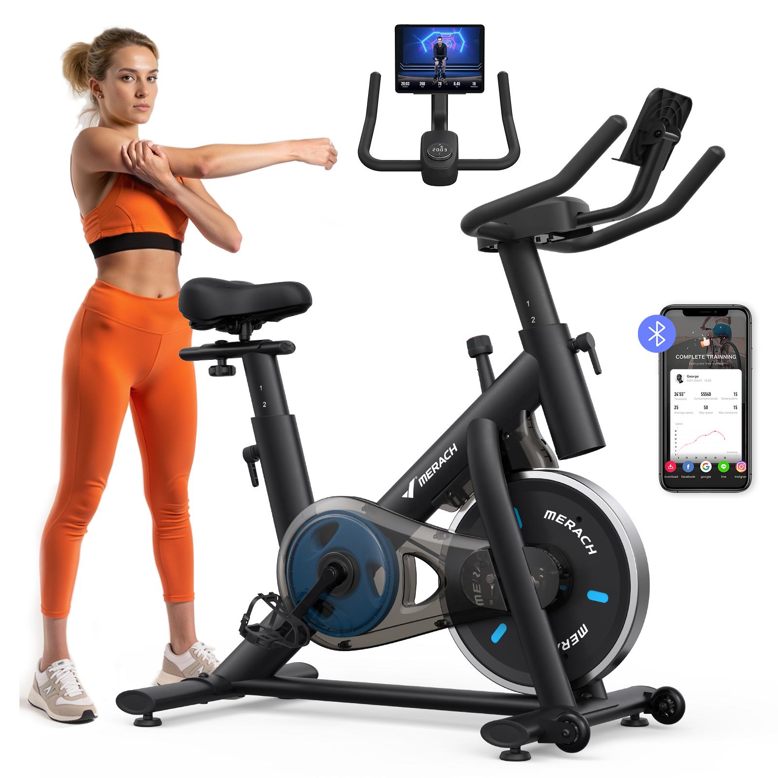 Merach Exercise Bike with RPM Game Mode & Silent Belt Drive, 300lb Capacity, LED Monitor & Tablet Holder, Comfort Seat Cushion, Compact Cardio for Home Gym Summervibes