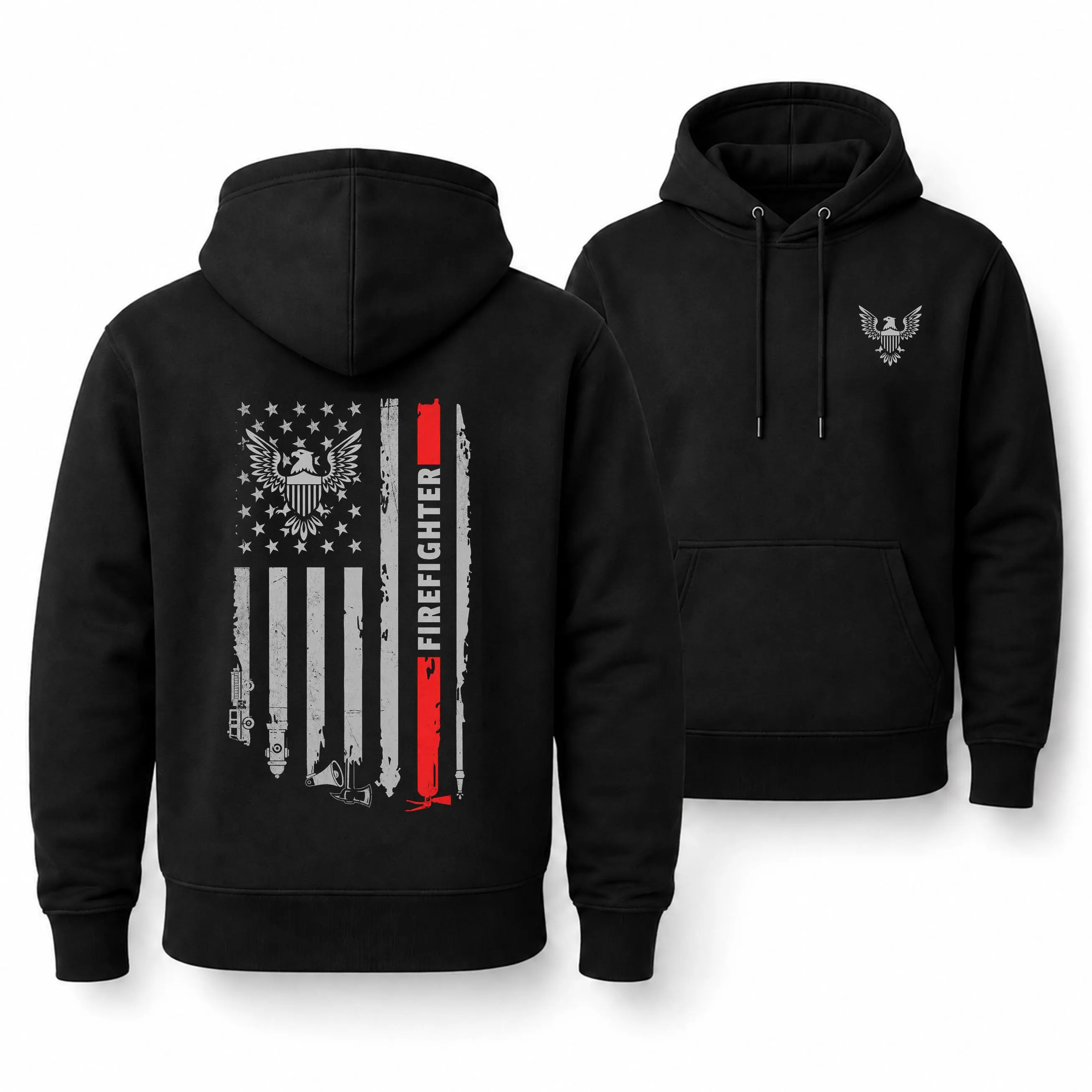 [MADE IN US] Firefighter Thin Red Line Hoodie, Distressed American Flag Eagle And Firefighting Tools Graphic, Patriotic Gift For Firefighters First Responders And Firehouse Families Classic Cotton