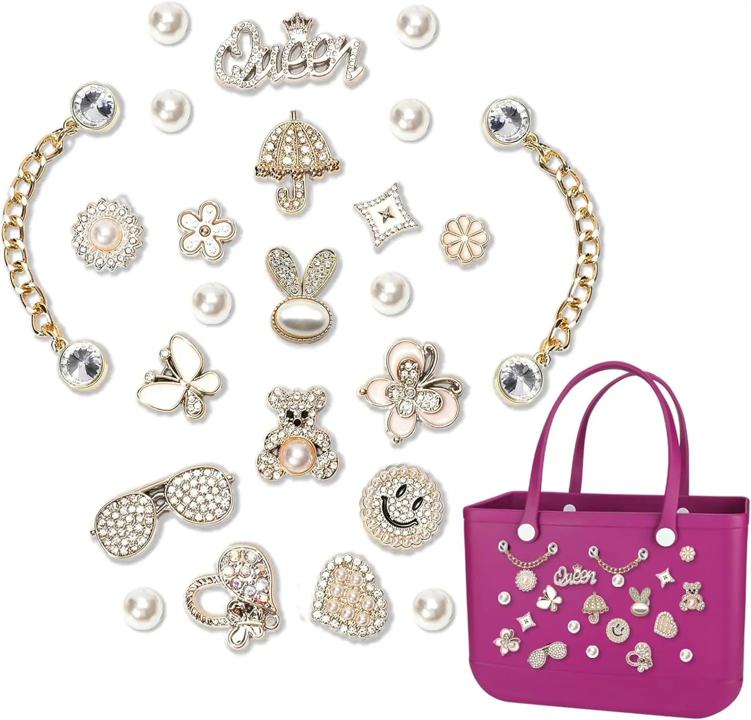 24Pcs Bling Rhinestone Charms for Beach Tote, Sparkle Crystal Bag Inserts, DIY Large Rubber Tote Handbag Decoration Accessories Set