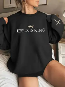 "Jesus is King" Faith-themed Printed Sweatshirt Women's Winter Tops, Casual Comfy Pullover with Crown and Cross Details, Suitable for Daily Wear, Church Gatherings, Casual Outings