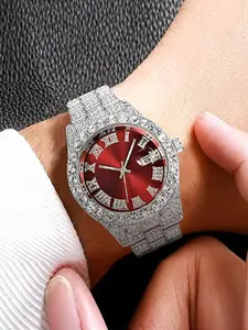 Men's Fashion Rhinestone Decorated Analog Quartz Watch, Fashion Watch for Party, Daily Clothing Decor, Trendy All-match & Exquisite Watch for Birthday Gift, Rhinestone Watches, Fashionable Party Watch, Trendy Wristwatch