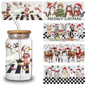 5 Sheets Cat Christmas UV  Stickers Faithful Messages Glass  Transfer Stickers Art Cups Decoration Motivational Religious DTF Mug Wrap