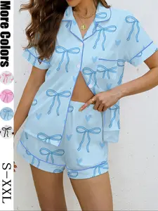 Women's Bowknot Printed Pajama Set Casual Loose-Fitting Loungewear Sleepwear, Soft Shirt Collar Top & Elastic Shorts, All Seasons Comfortable Wear