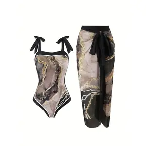 Women’s ruched backless tropical leaf print wrap swimsuit and tie-front skirt set, boho sleeveless set for beach holidays, 2026 ladies summer swimwear Slimming Beach Vacation Two-Piece Swimwear with Skirt, Casual Fitted Design women's plus size one bikini