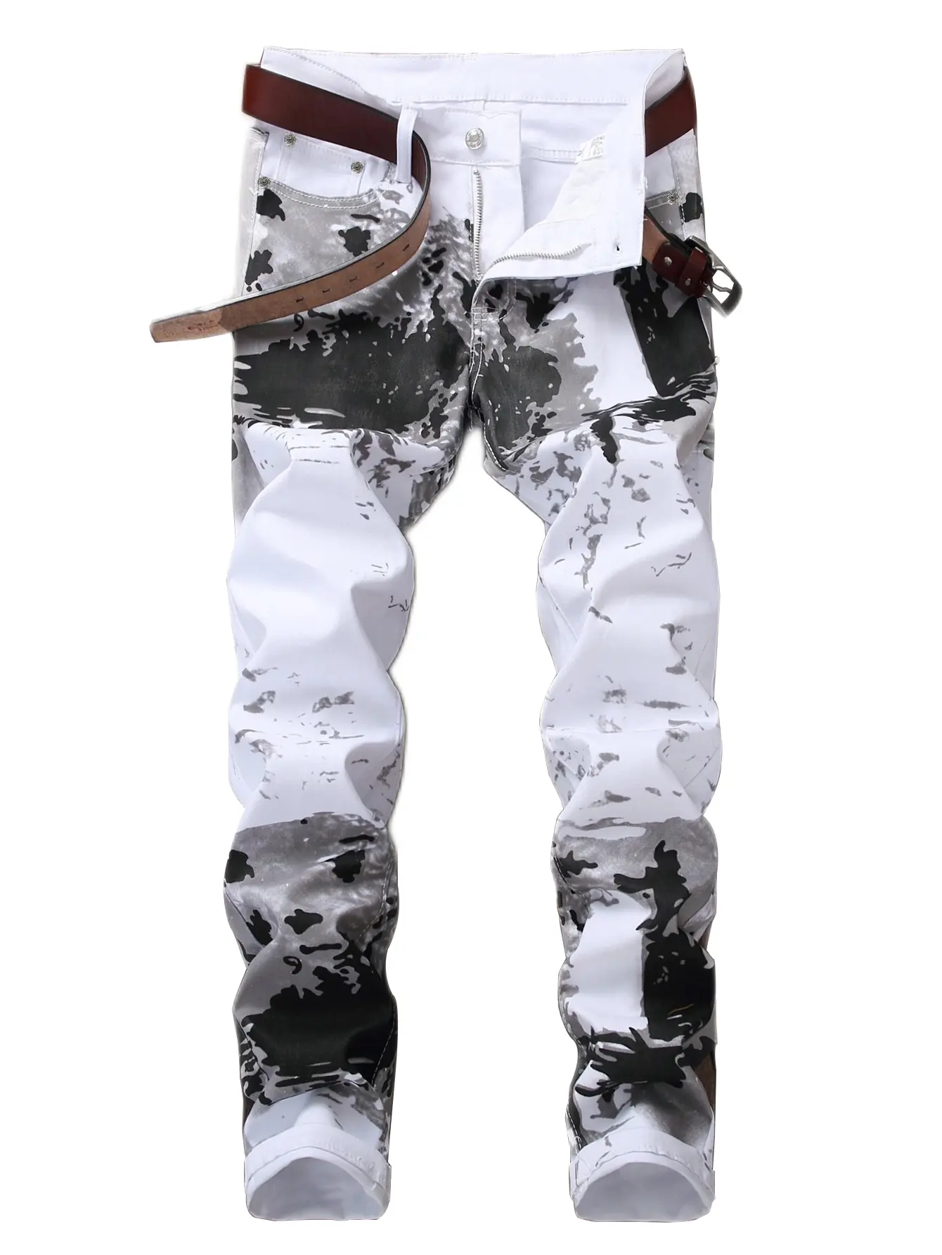 Men's Jeans, Streetwear Colorblock Printed Denim in White, Black & Grey, Mid-Waist Hipster Menswear, Comfortable Summer Fashion Apparel for Halloween & Christmas, Pocket, Chic