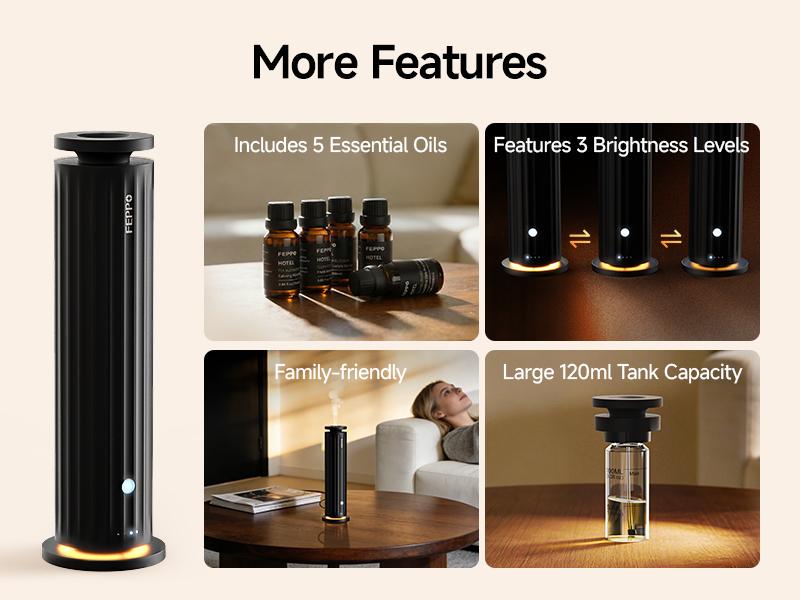 FEPPO Waterless Diffuser - Cold Air Waterless Essential Oil Diffuser Starter Kit with 5x20mL Hotel Scent Oils, Quiet Smart Scent Diffuser, 6 Intensity, Timer, 1000 Sq. Ft for Home, Office, Hotel, Yoga #Summervibes