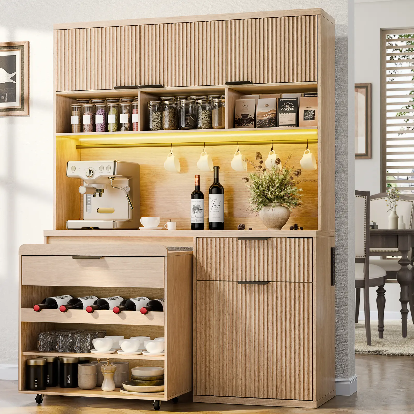 Gyfimoie Pantry Cabinet with Wine Cabinet Cart, 71" Tall  Kitchen Storage Cabinets with LED Light & Charging Station, Kitchen Hutch with Microwave Stand, Freestanding Food Pantry