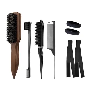 8pcUnisex Nylon Hairbrush Wooden Handle Hair Styling Brush, Smoothing Grooming Brush For Men & Women, Edge Control Hair Brush, Beard Brush, Hairline Finishing Brush, Salon Barber Styling Tool For Daily Use