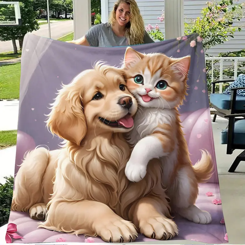 1Pc Adorable Kitten & Puppy Cuddling Together Lightweight Flannel Blanket - Bohemian Style Digitally Printed Soft Warm All-Season Throw For Sofa Bed Travel Camping Office - Hypoallergenic Cozy Pet Lovers Gift, Cat Blanket, Whimsical Design
