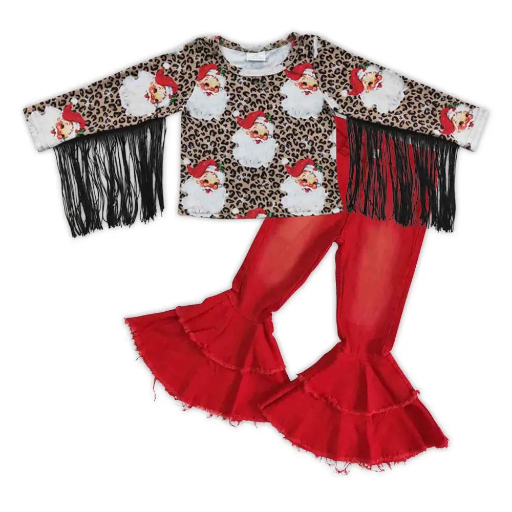 GLP0595--Cute Christmas Santa Tassel Top + Red Jeans: Girls' Festive Fashion Must-Have for Holiday Vibes