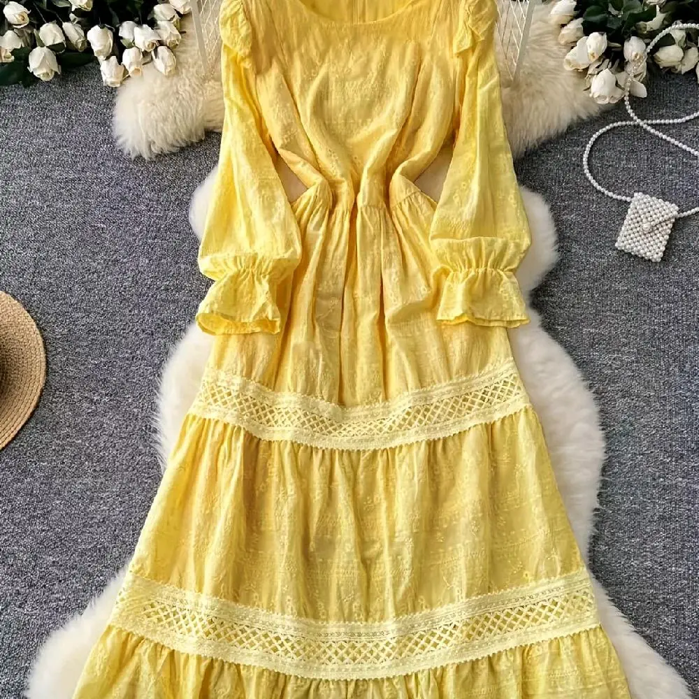 Yellow Lace Trim Dress with Ruffle Sleeves and Tiered Skirt for Women -  TikTok Shop