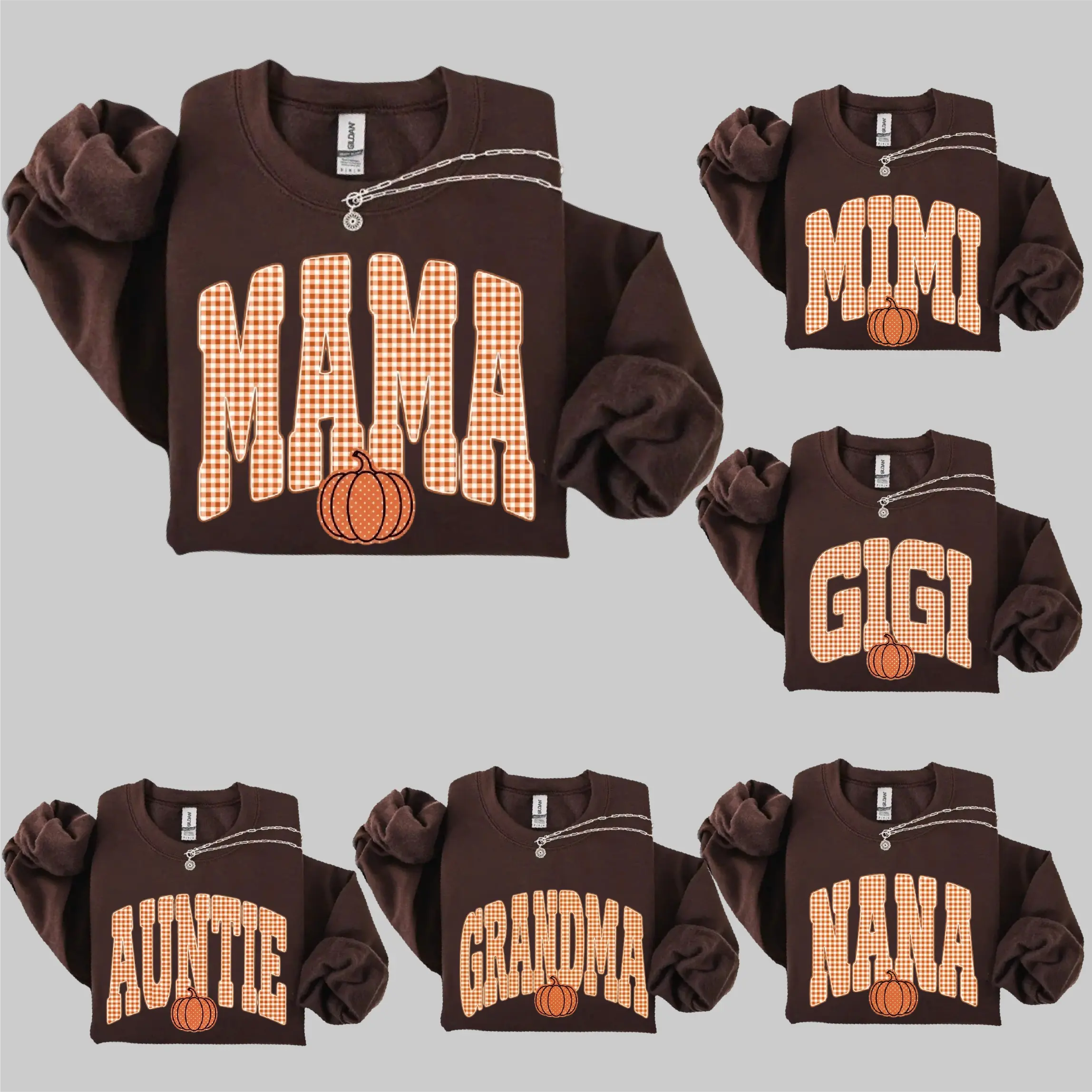 Personalized Fall Pumpkin Family Sweatshirt for Women, Mama Mimi Gigi Grandma Nana Auntie Graphic Crewneck, Cute Gingham Pumpkin Thanksgiving Shirt, Cozy Autumn Family Gift