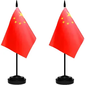 Small Mini China Desk Flag Set with 13 Inch Black Pole Black Base, Deluxe Miniature Desktop Office Table Flag 2 Pack