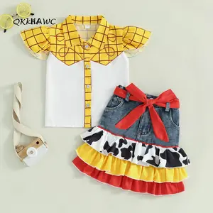 Kids Girl Summer Outfits Plaid Print Fly Sleeve Shirts Tops Cow Pattern Ruffles Patchwork Denim Skirts Headband 3Pcs Clothes Set