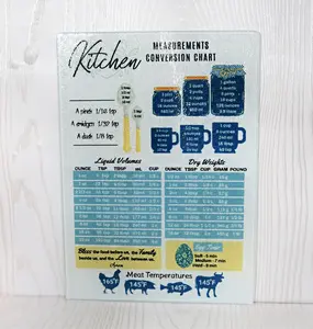 Kenzie's Boutique Handmade Kitchen Measurement Conversion Chart Glass Cutting Board with Liquid Volumes, Dry Weights, Meat Temperatures, Egg Timer – Baking Cooking Cheat Sheet Housewarming Gift Women Decor
