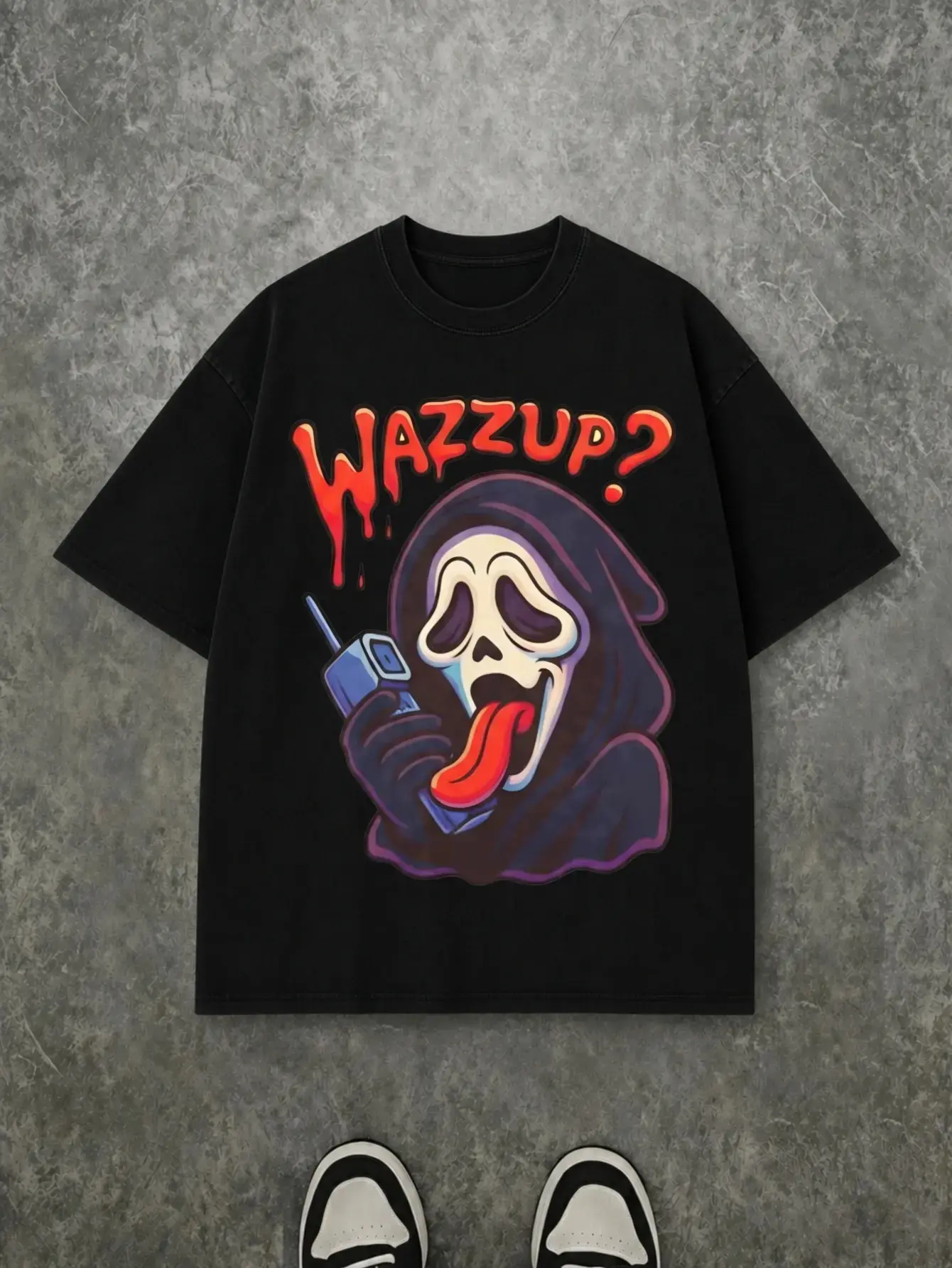 Vintage Washed Black T-Shirt Funny Ghostface Wazzup Drip Tongue Retro Scream Horror Movie Graphic Tee Spooky Halloween Oversized Casual Cotton Top For Men Women