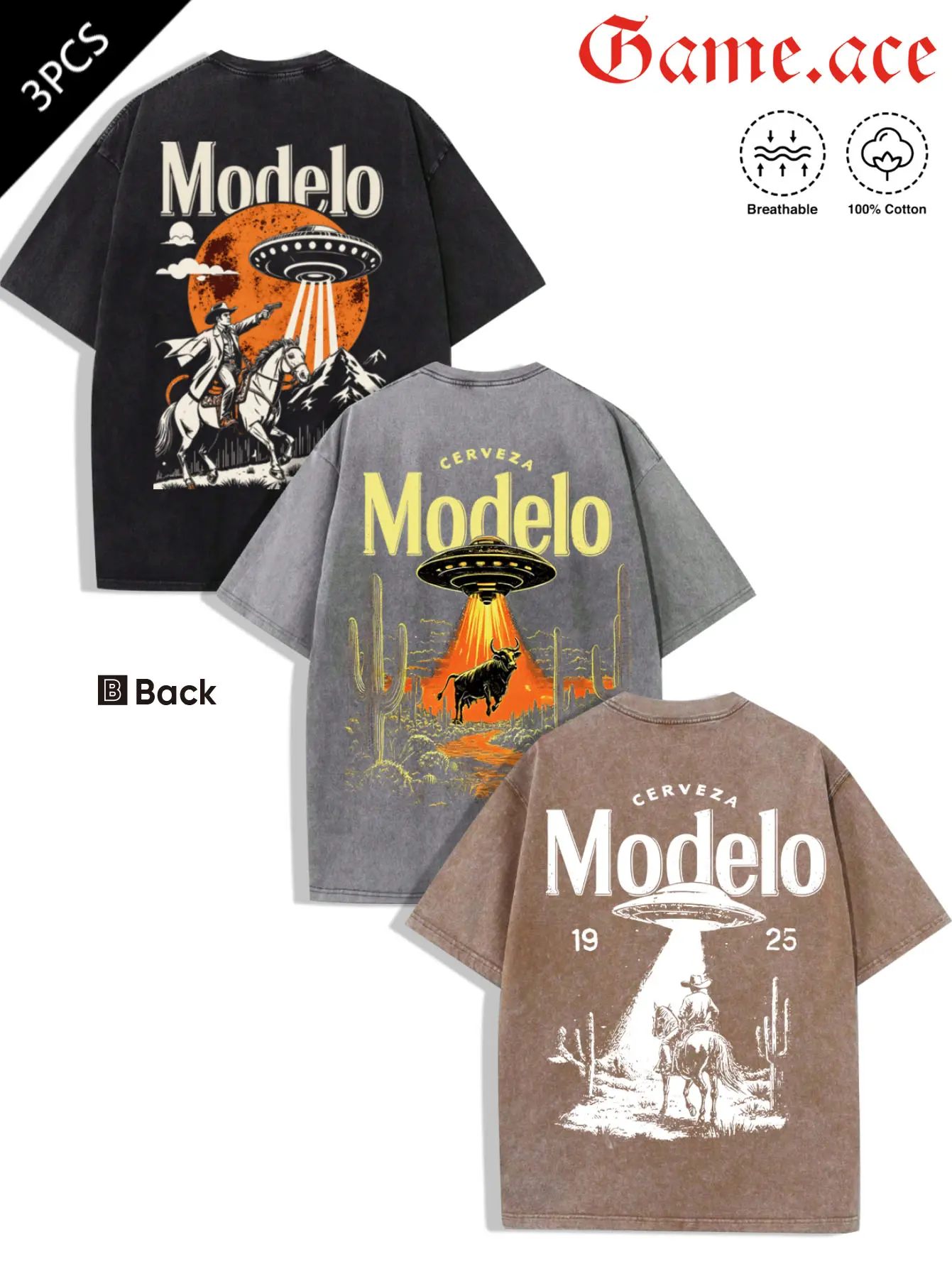 3 Pack Vintage Washed Oversized T-Shirts - Modelo Cerveza Western UFO Cowboy Graphic Tees, Retro Beer Print, 100% Cotton Breathable Casual Streetwear Tops