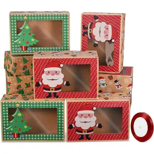 Christmas Cookie Gift Box Donut Gift Box Transparent-window baked goods gift box featuring festive green and red design with Christmas ribbon, perfect for holiday party gifts (12-piece set)