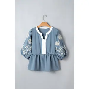 Myosotis Color Block Patchwork V Neck Embroidered Puff Sleeve Babydoll Blouse