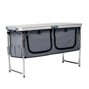 Outdoor Folding Camping Table with Storage Compartment, 4ft Portable Pinic Table with 3 Adjustable Height, Carry Handle for Outdoor Indoor Hiking Camp BBQ Beach, White